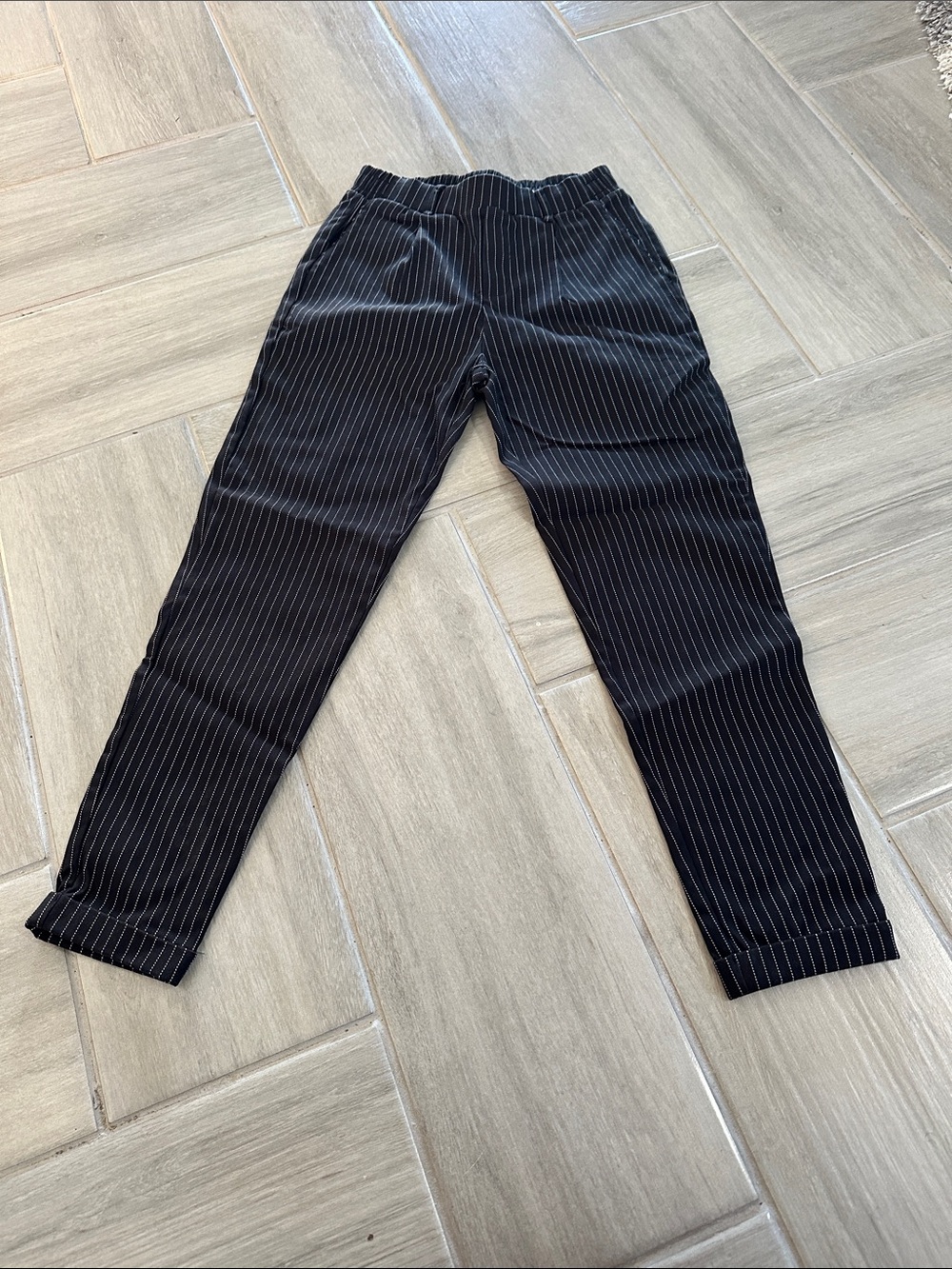 Womens Black Pinstripe Dress Pants – Slim Elastic Waist